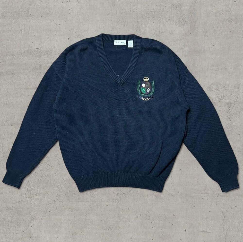 Vintage 80s Izod Navy Blue Cotton V-Neck Sweater with Embroidered Crest